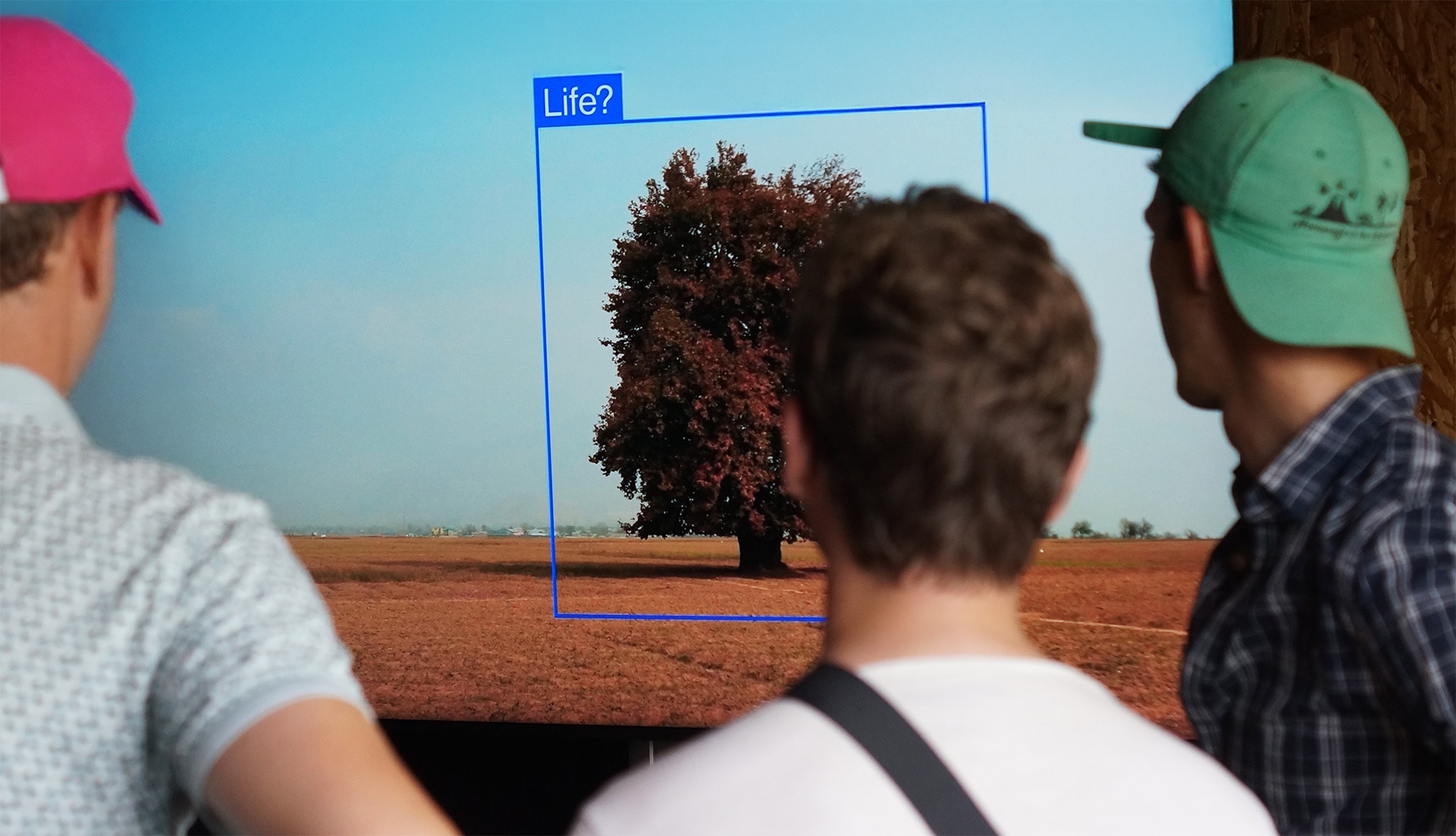 Three persons standing in front of a screen showing a tree with a label "life". 