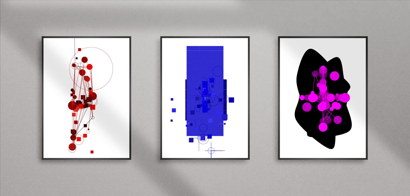 Three framed outputs of the Creative Equal - all unique compositions of geometric shapes.